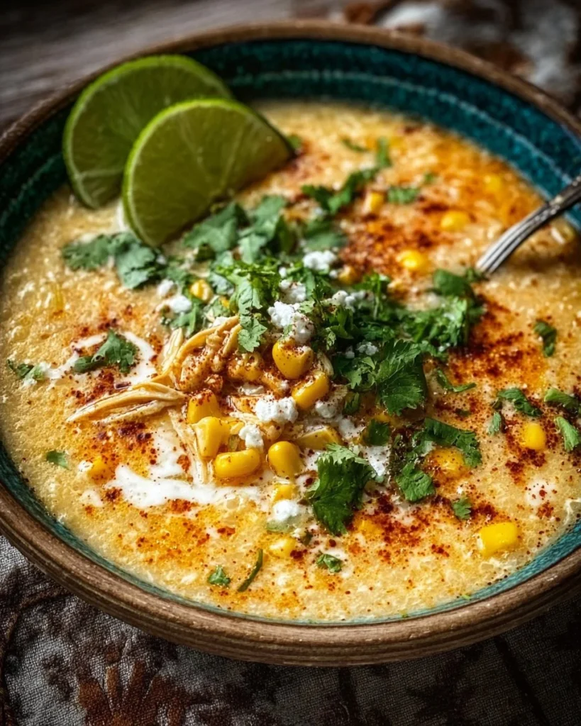 Bowl of flavorful Mexican Street Corn Soup topped with fresh cilantro and cheese