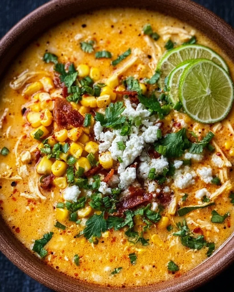 Bowl of creamy Mexican Street Corn Soup topped with cilantro and cheese
