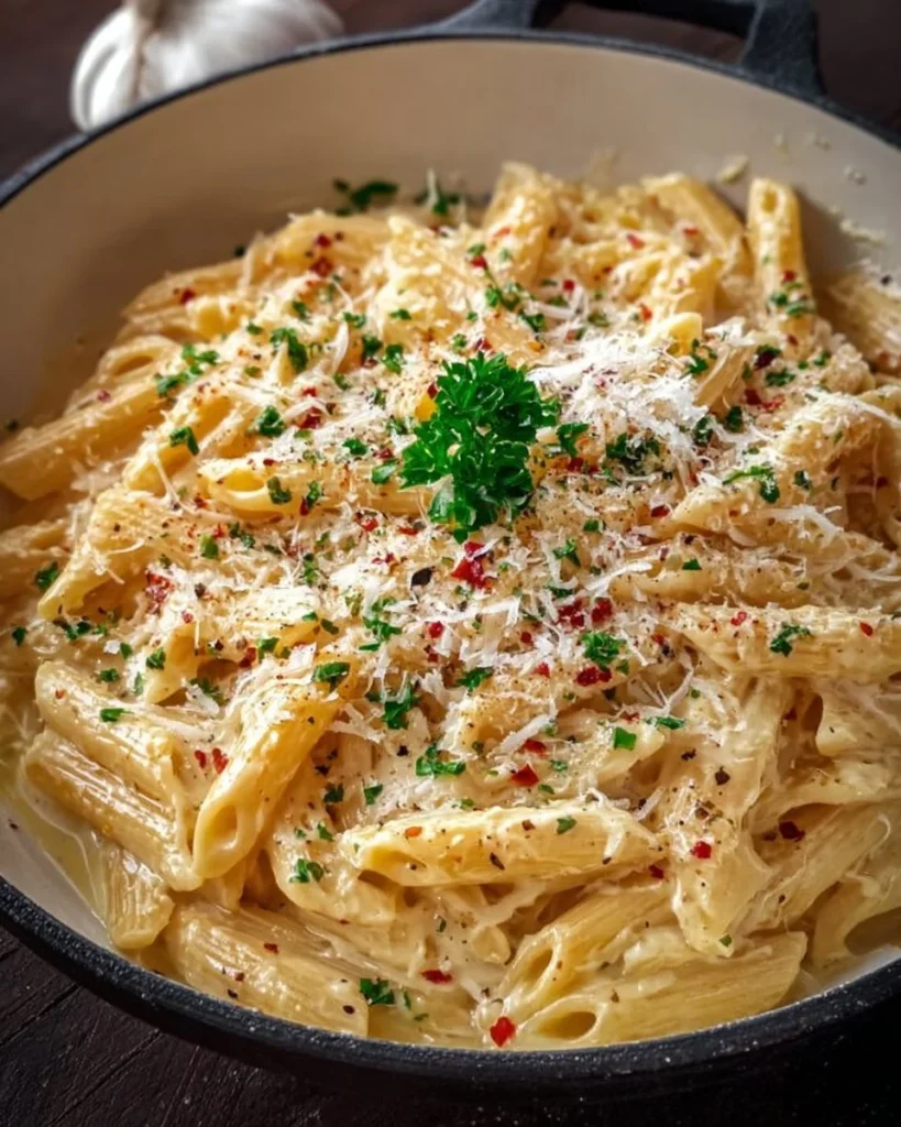 Delicious one pot creamy garlic pasta served in a bowl with parsley garnish.