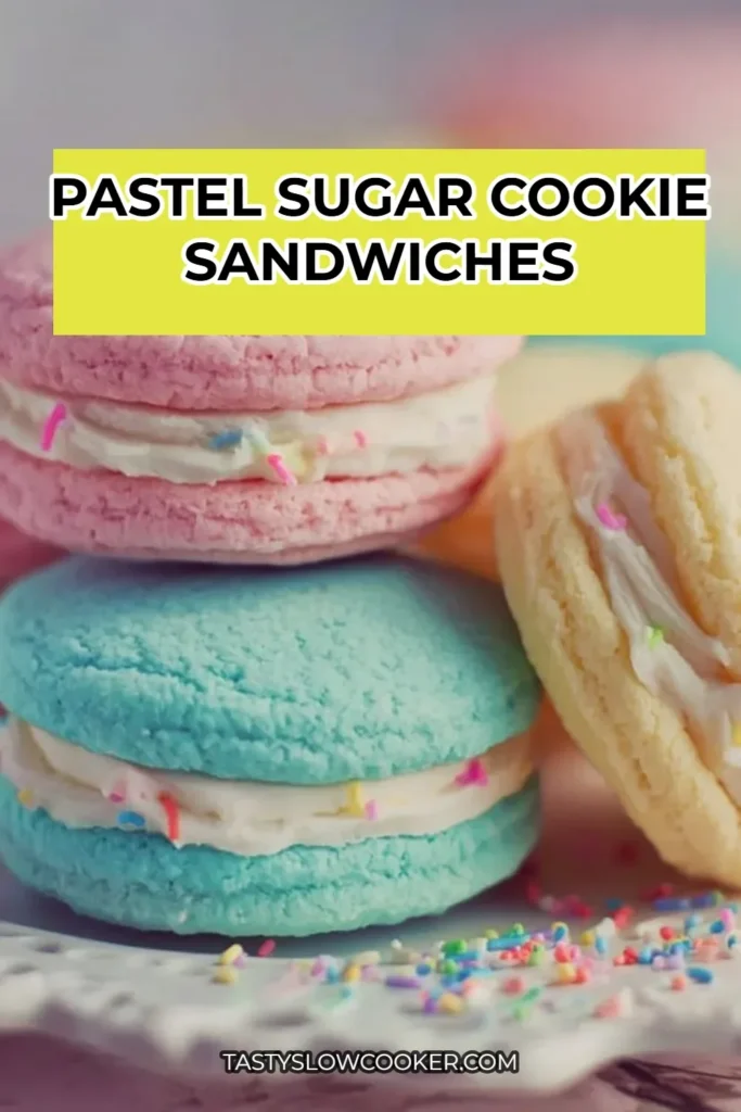 Pastel sugar cookie sandwiches filled with colorful cream frosting