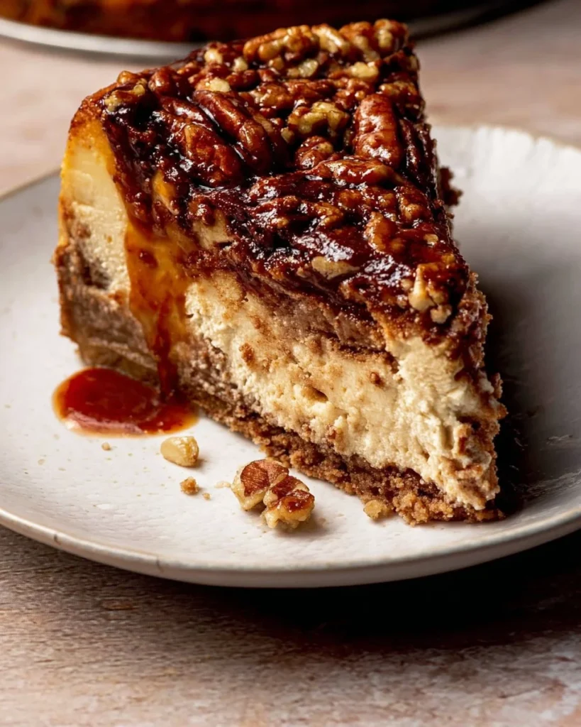 Delicious pecan pie cheesecake topped with pecans and caramel sauce