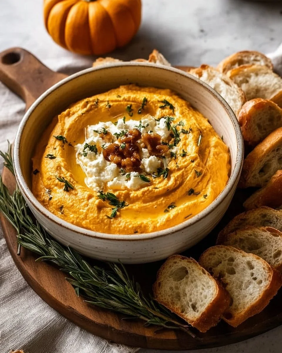 Delicious pumpkin whipped feta dip served in a bowl with crackers