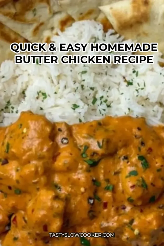 Delicious homemade butter chicken served with naan and rice