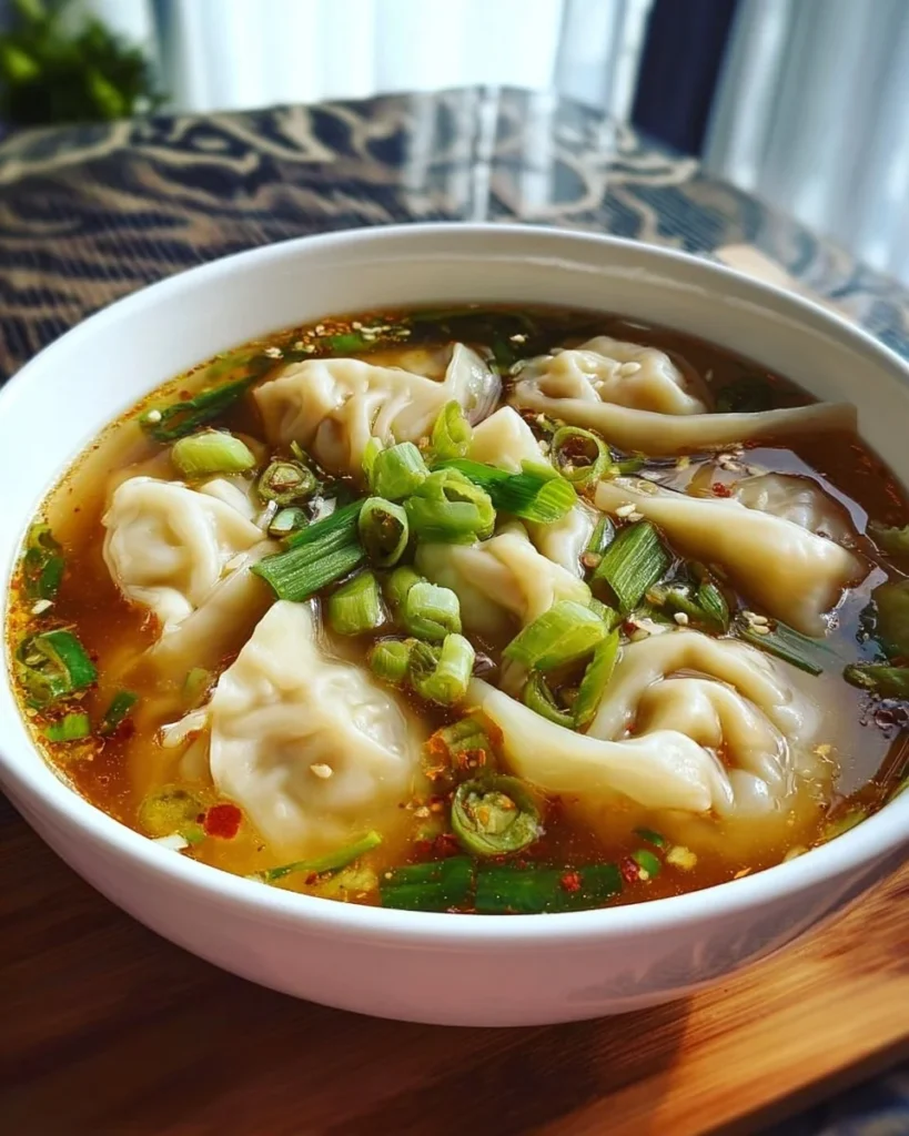 Bowl of quick and easy wonton soup garnished with green onions and herbs.