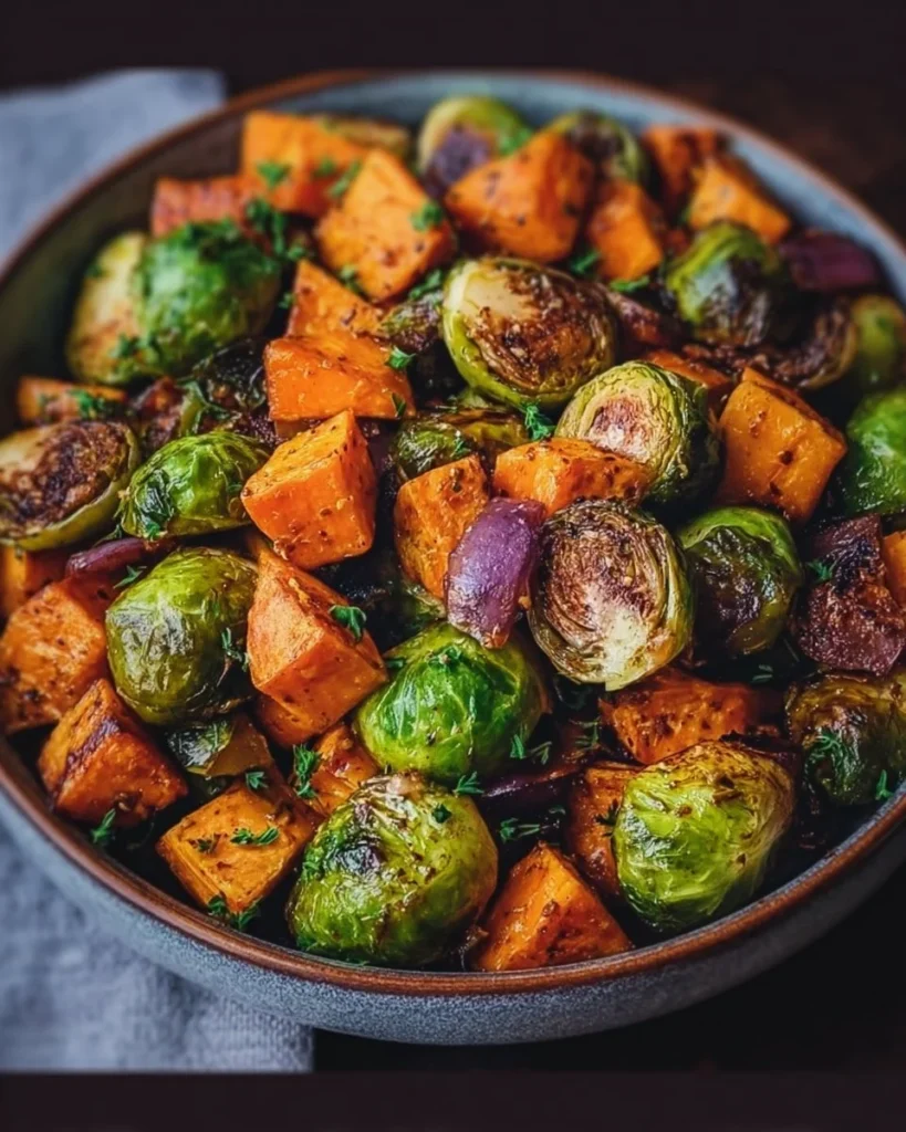 Roasted Brussels sprouts and sweet potatoes on a plate, garnished and ready to serve.
