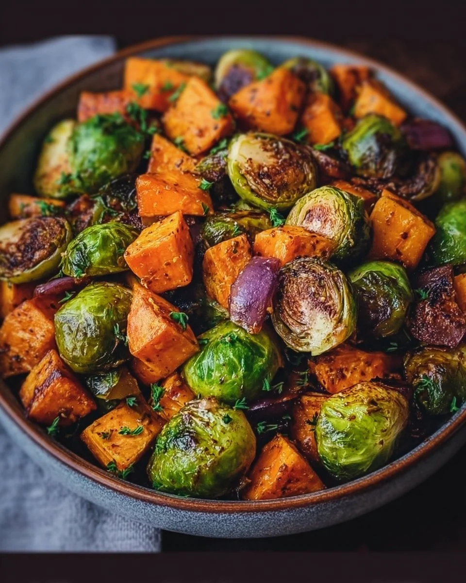 Roasted Brussels sprouts and sweet potatoes on a plate, garnished and ready to serve.