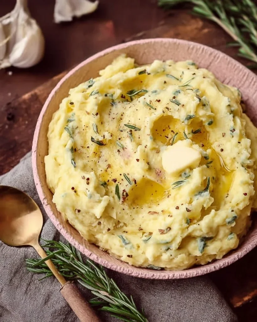 Bowl of rosemary garlic mashed potatoes topped with fresh herbs