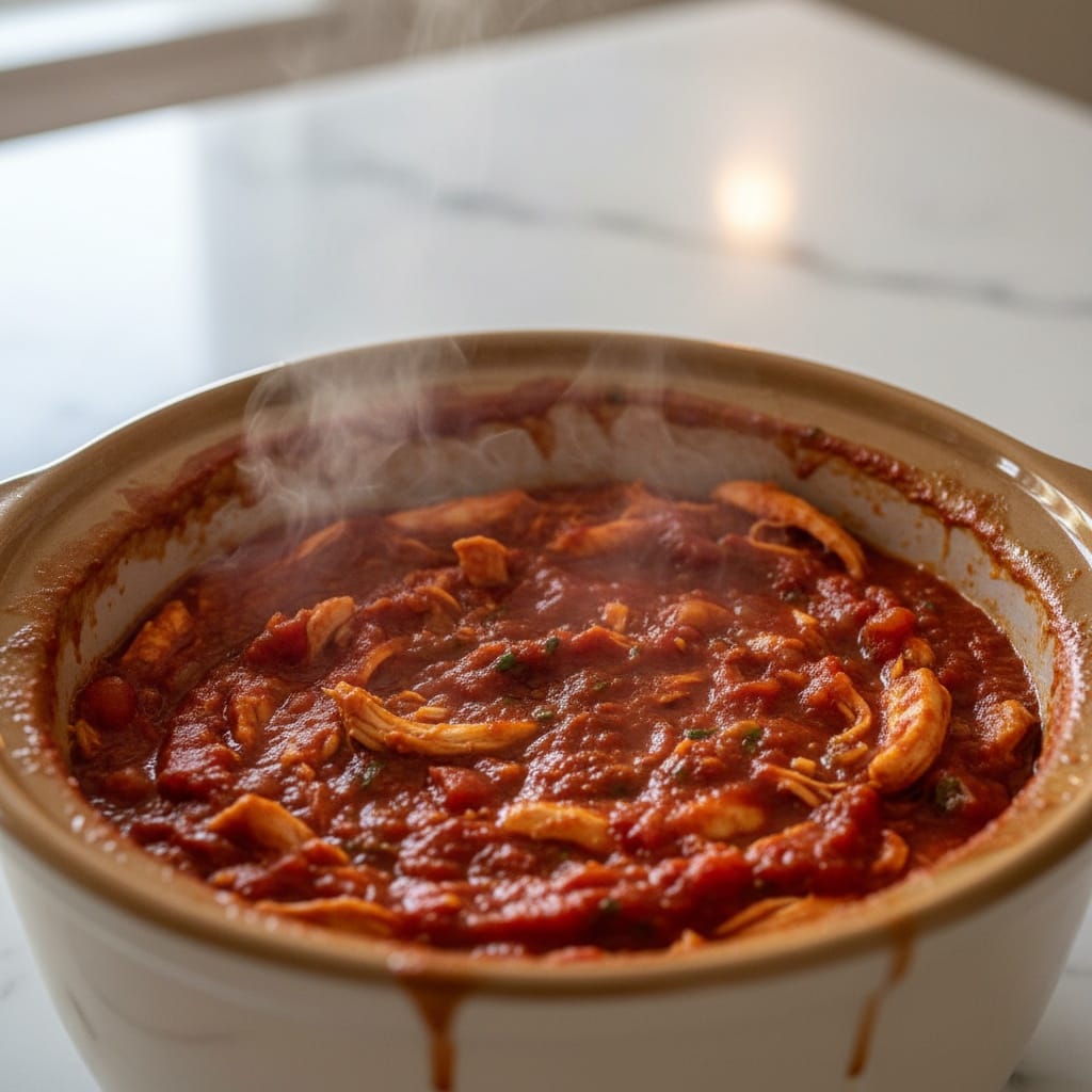 Close-up of bubbling Salsa Chicken Tacos in a Crockpot.