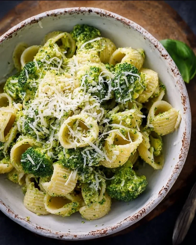 Delicious bowl of broccoli pasta with fresh ingredients and vibrant colors.
