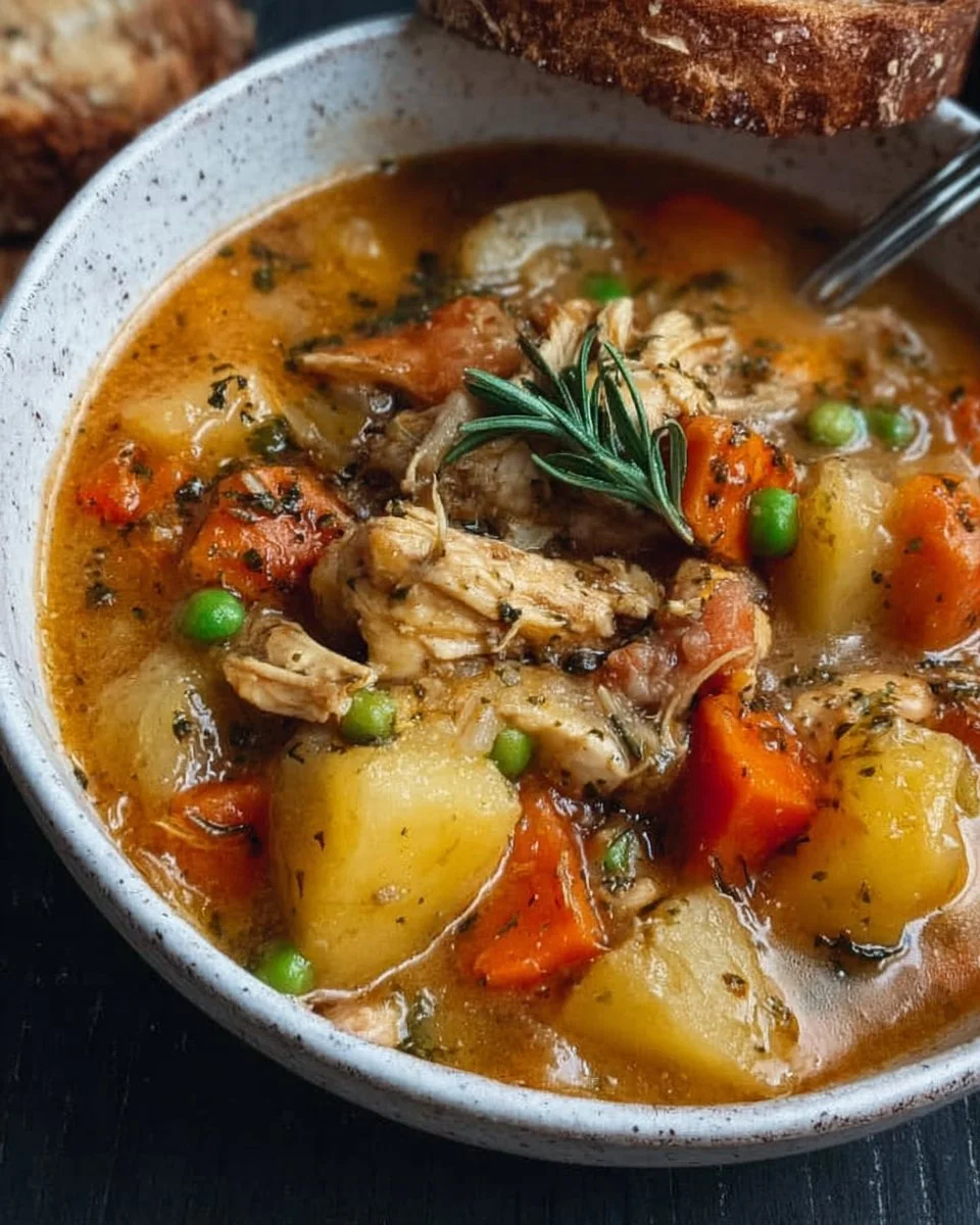 Delicious slow cooker chicken stew with vegetables and herbs in a bowl