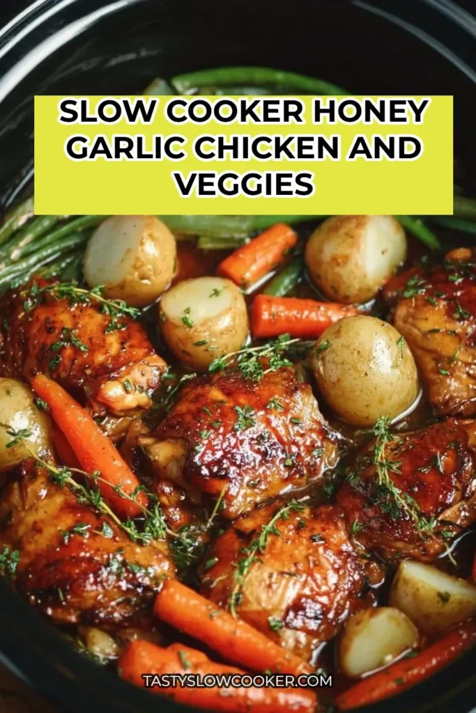 Slow cooker honey garlic chicken with colorful veggies in a bowl