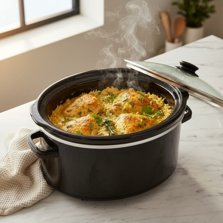 Overhead shot of Slow Cooker Lemon Herb Chicken and Rice.