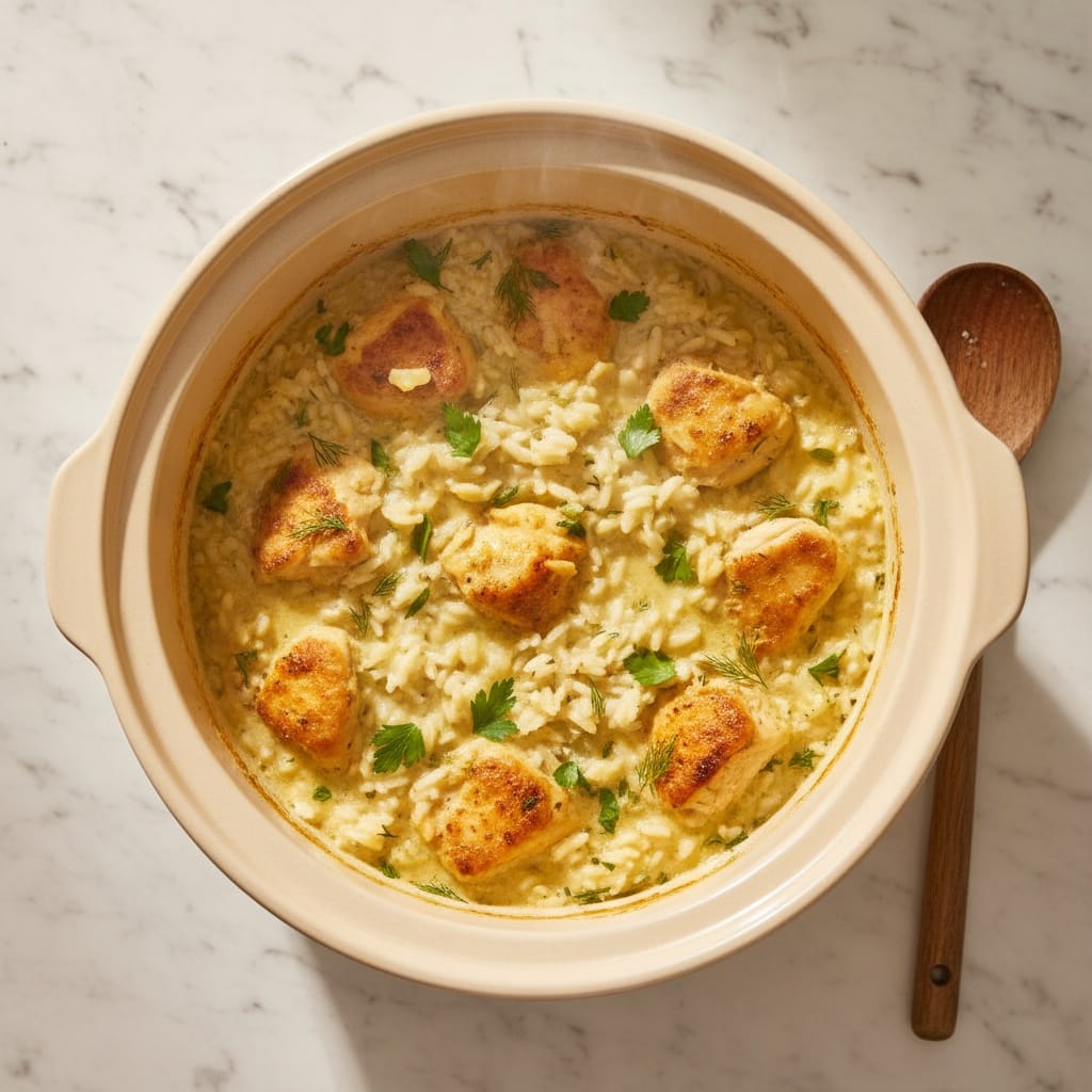 Overhead shot of Slow Cooker Lemon Herb Chicken and Rice.