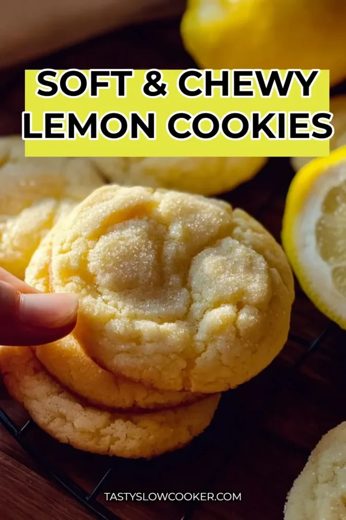 Plate of soft and chewy lemon cookies sprinkled with powdered sugar.