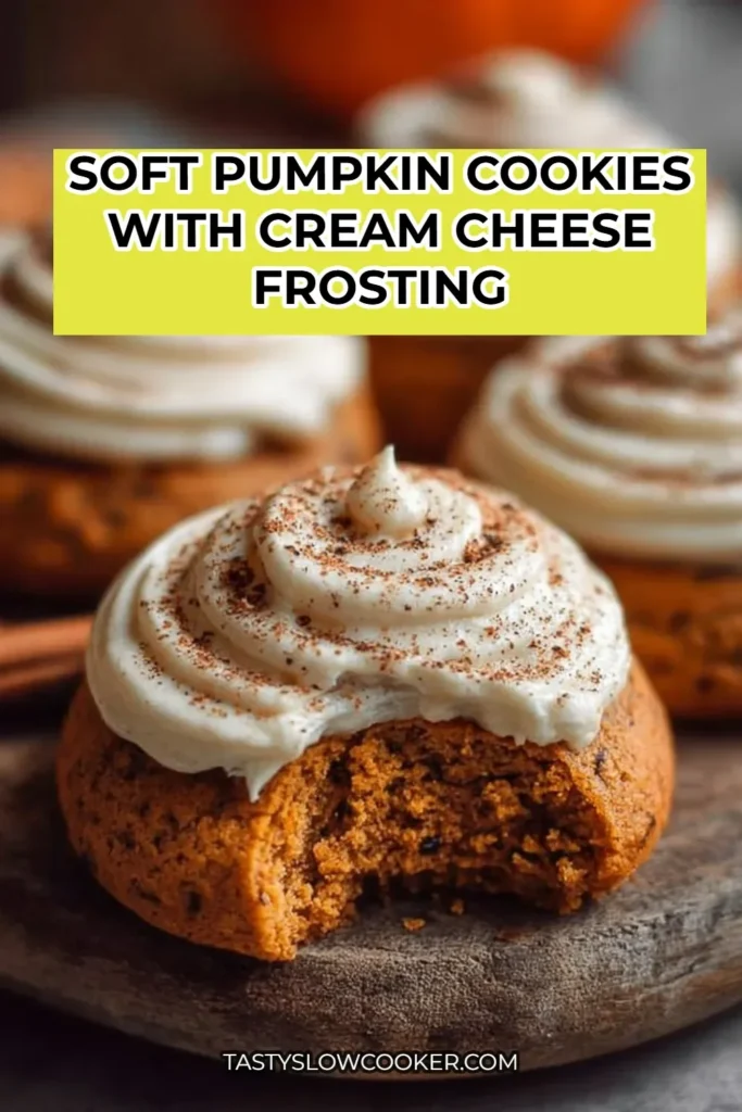 Soft pumpkin cookies with cream cheese frosting on a plate