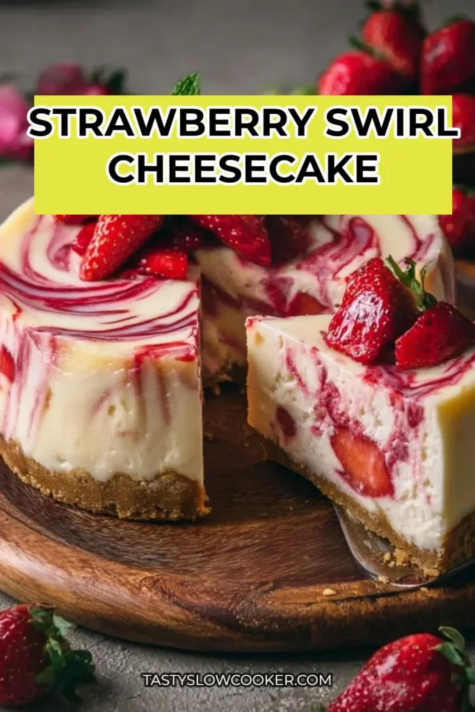 Delicious strawberry swirl cheesecake with a creamy texture and fresh berry topping
