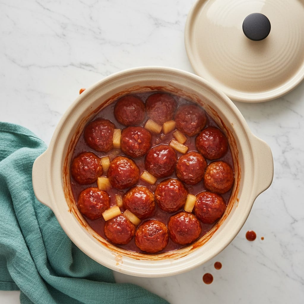 Overhead shot of bubbling Sweet & Sour Meatballs in a Crockpot