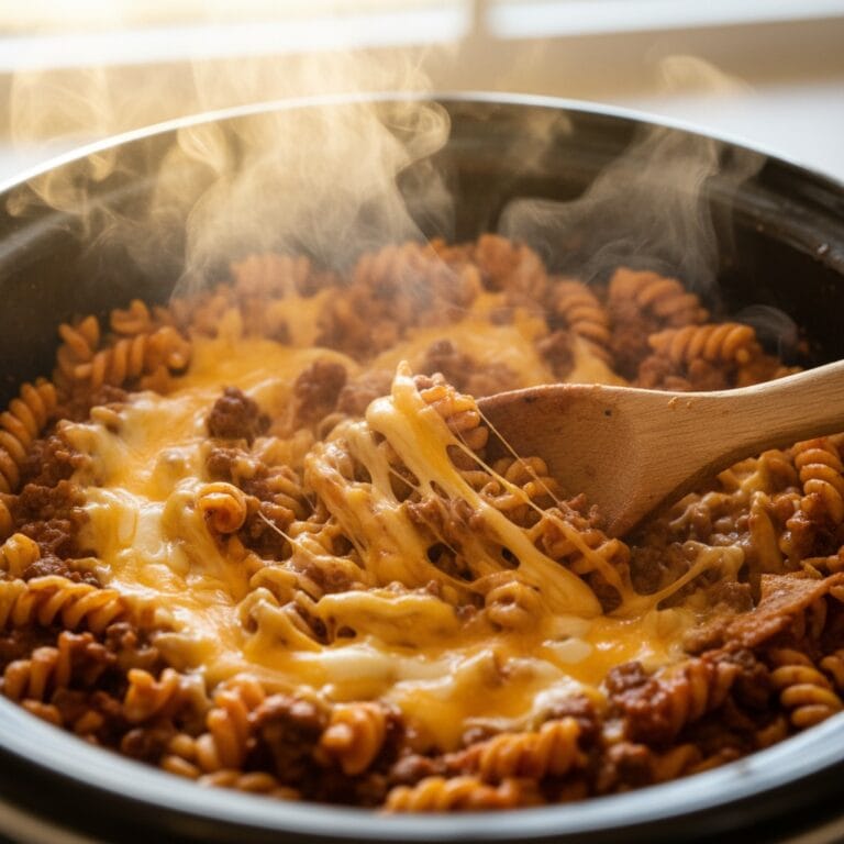 Close-up of Crockpot Taco Casserole with pasta