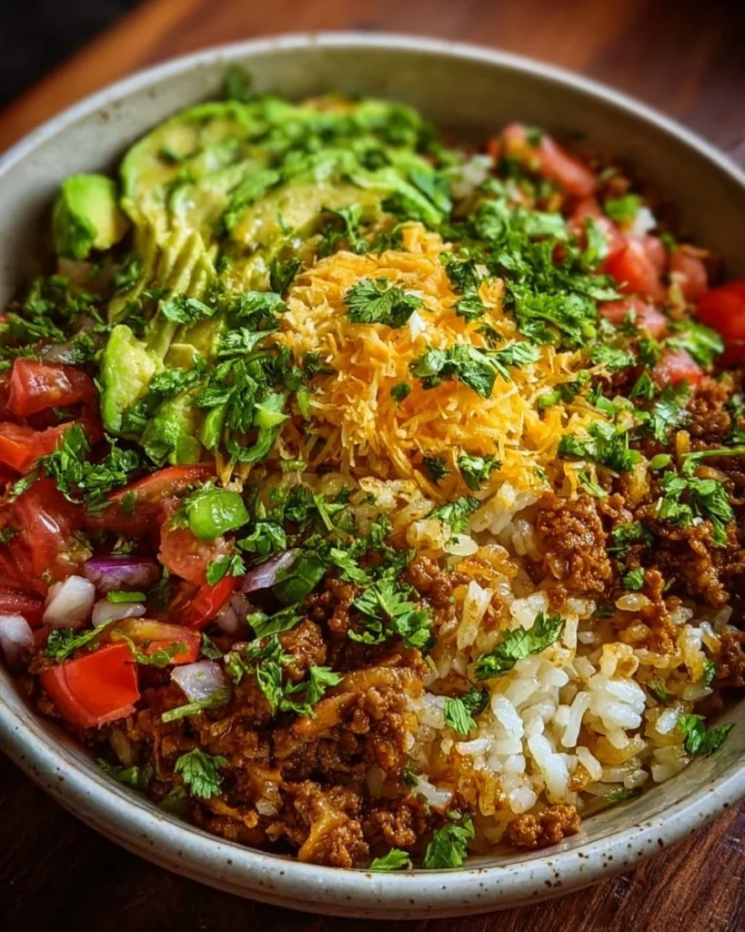 Taco Rice Bowl topped with seasoned beef, lettuce, cheese, and salsa