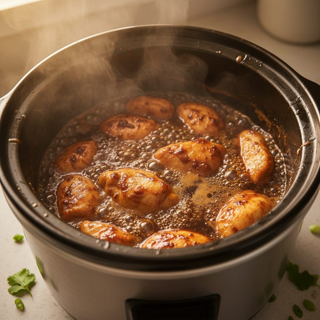 Close-up of Dump & Go Teriyaki Chicken bubbling in Crockpot