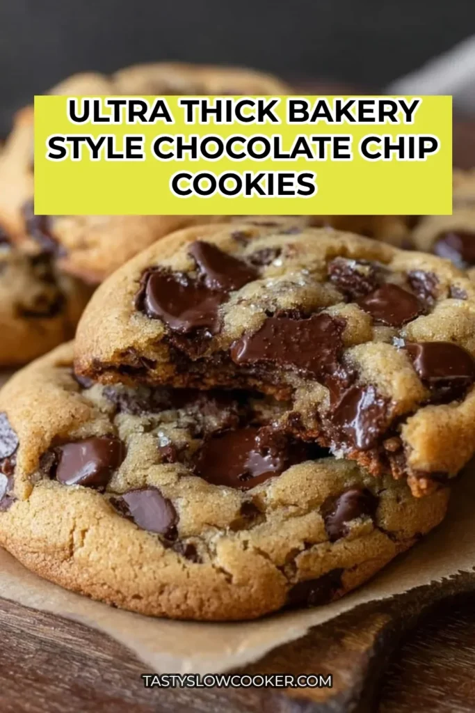 A batch of ultra thick bakery style chocolate chip cookies on a baking sheet