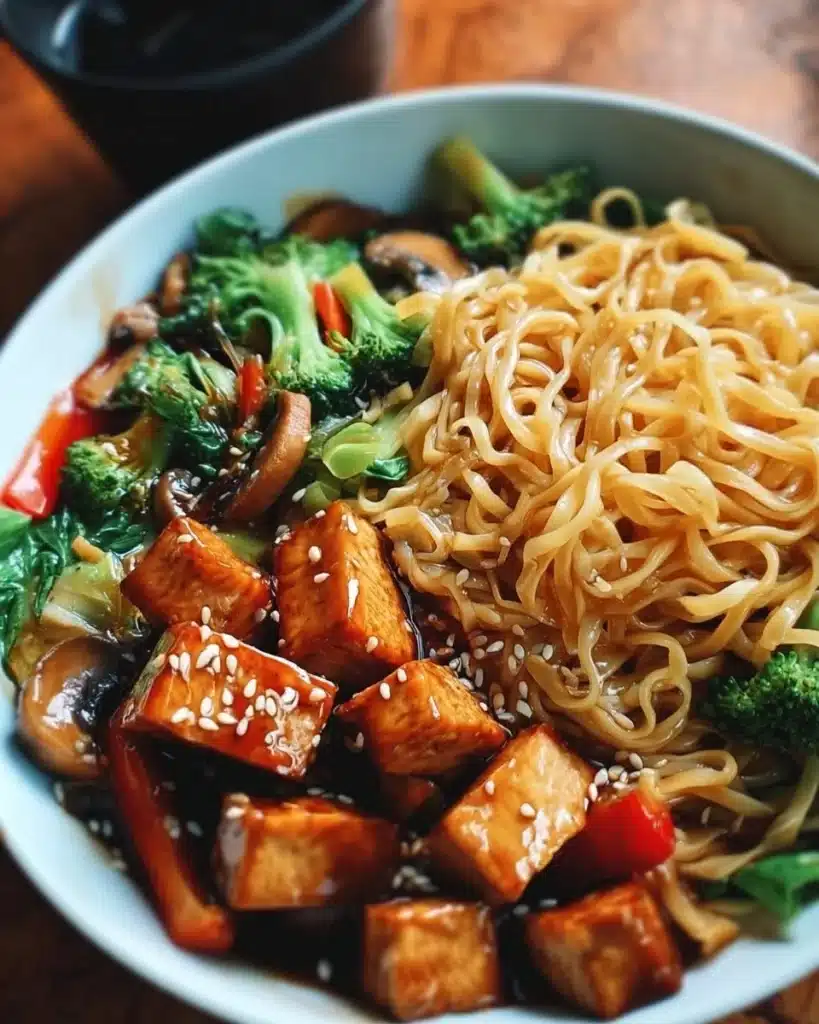Vegan teriyaki noodle bowl topped with crispy tofu and colorful vegetables