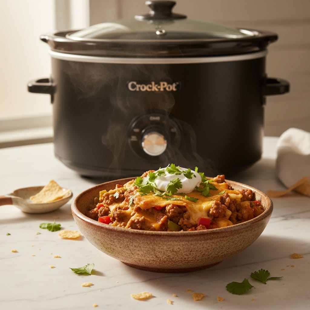 Warm Crockpot Taco Casserole plated with cilantro and sour cream.