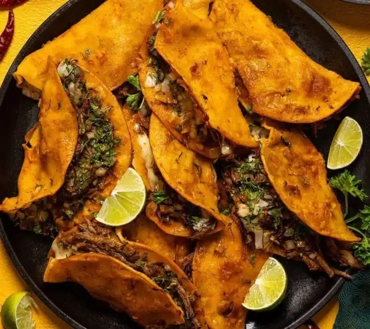 Delicious Birria Tacos served with consomé and fresh toppings