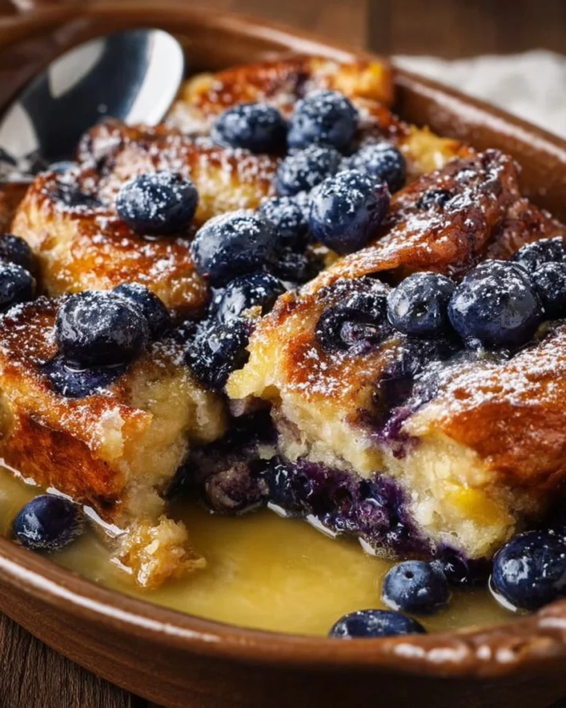Blueberry Lemon French Toast Casserole fresh out of the oven with a golden top