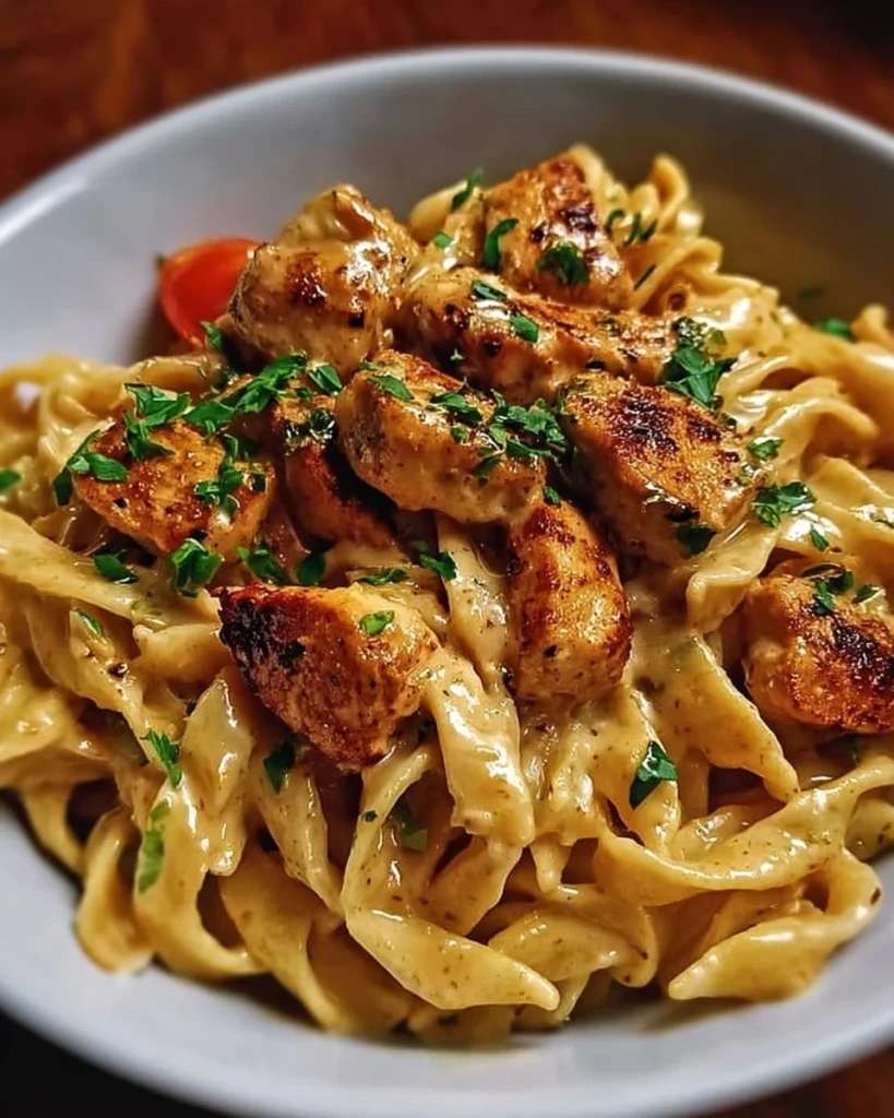 Plated Cajun Chicken Pasta with spices and vegetables, showcasing a delicious dish.