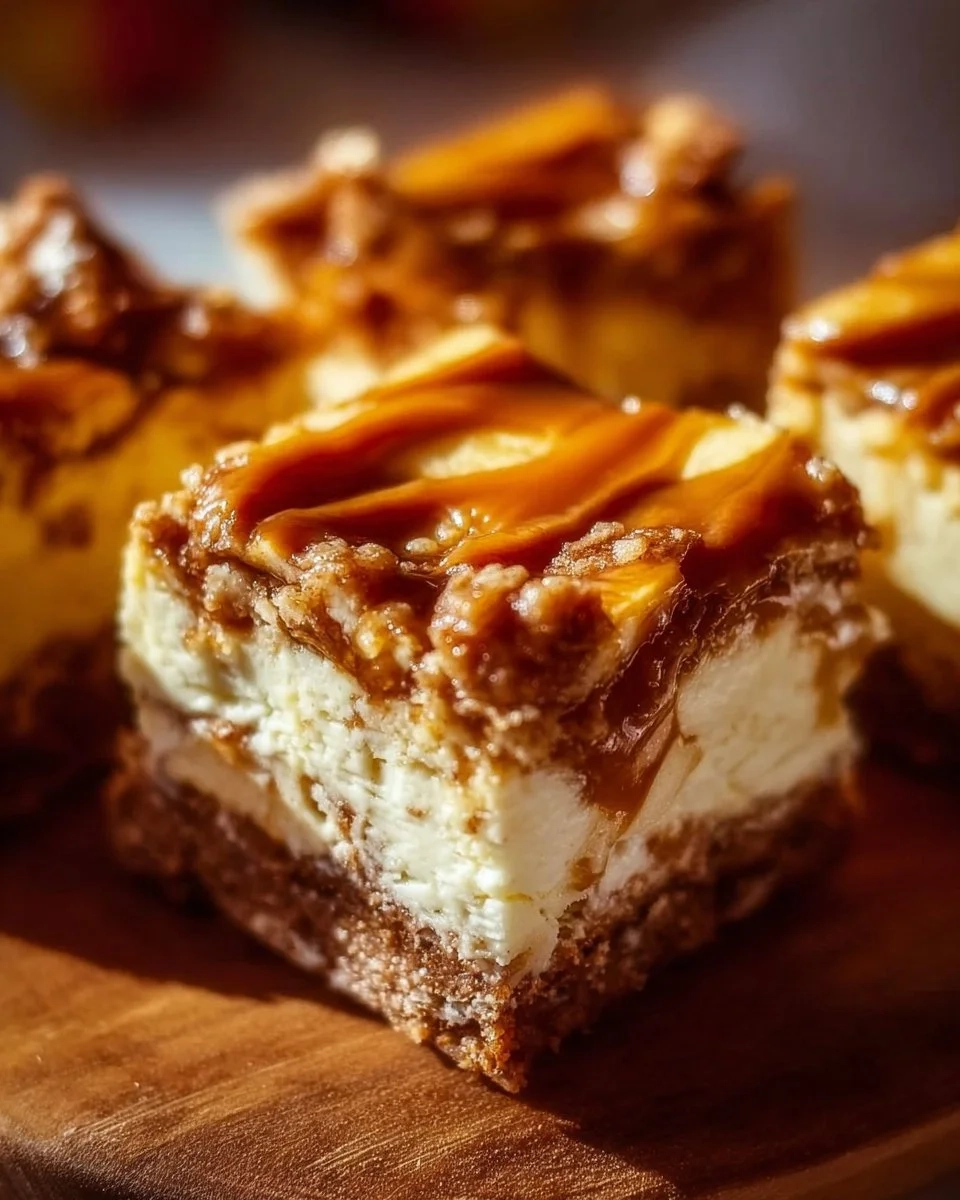 Slice of caramel apple cheesecake bars with drizzled caramel on top
