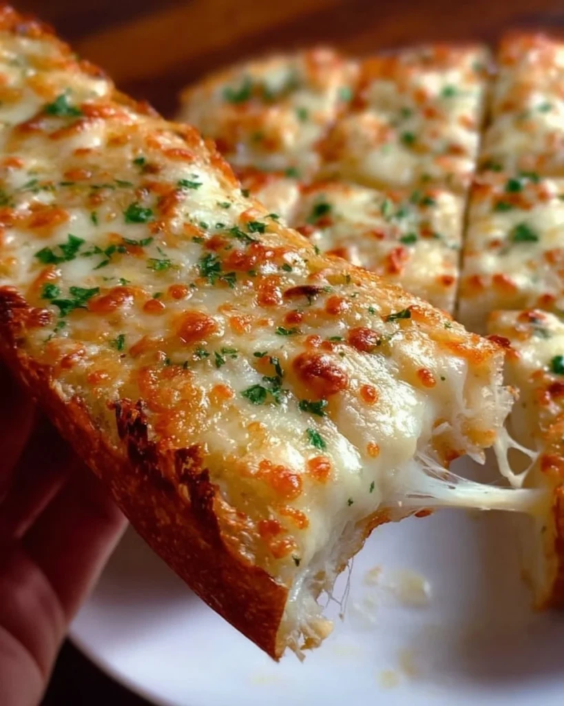 Delicious cheesy garlic bread topped with melted cheese and herbs