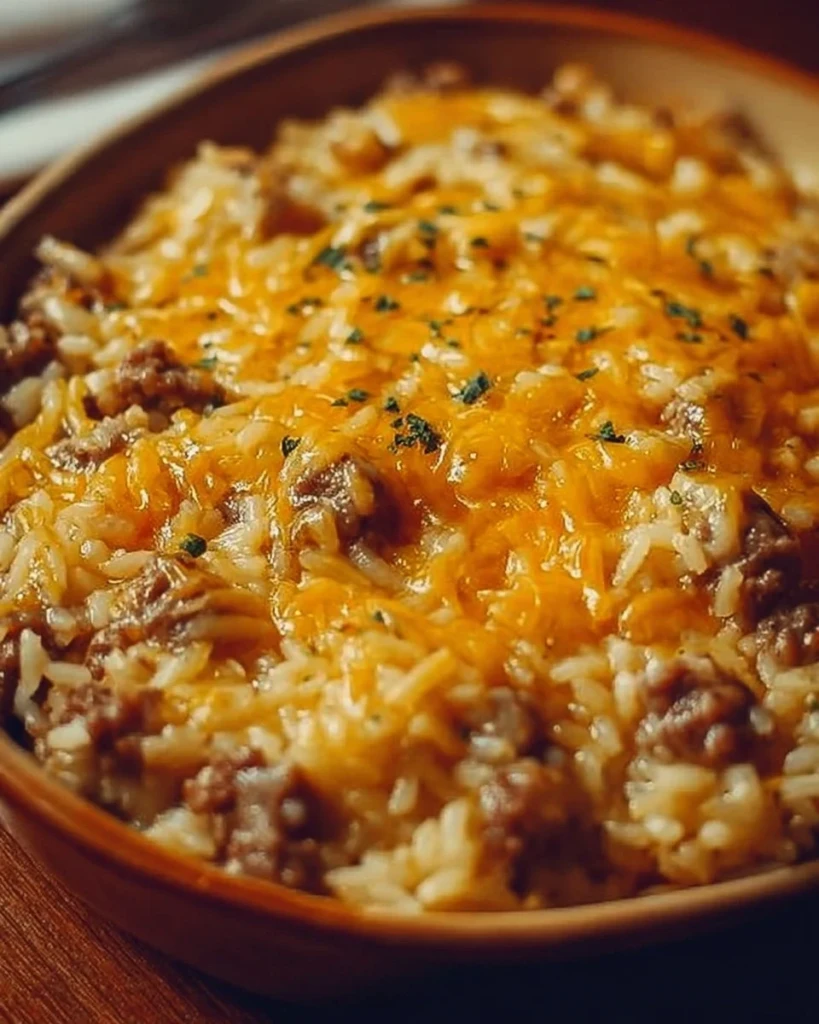 Delicious cheesy hamburger rice casserole in a baking dish ready to serve