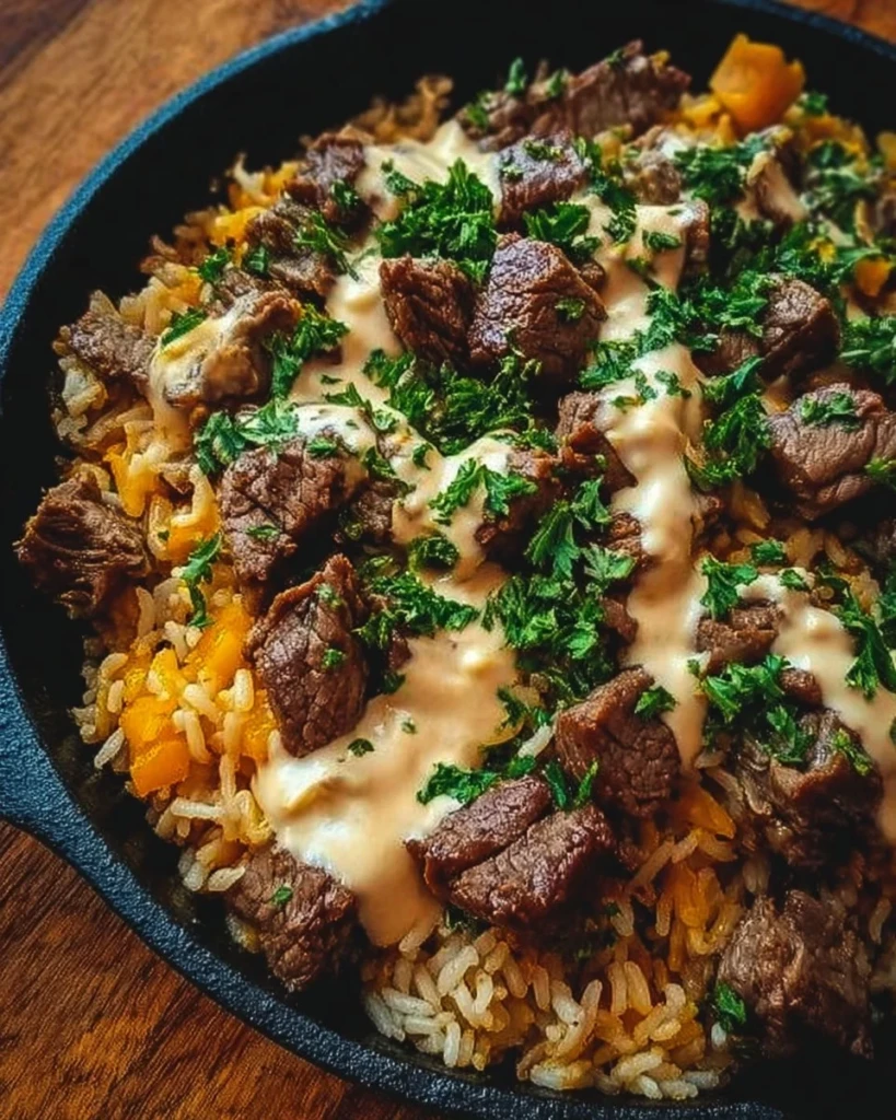 Cheesy steak and rice skillet topped with melted cheese in a pan