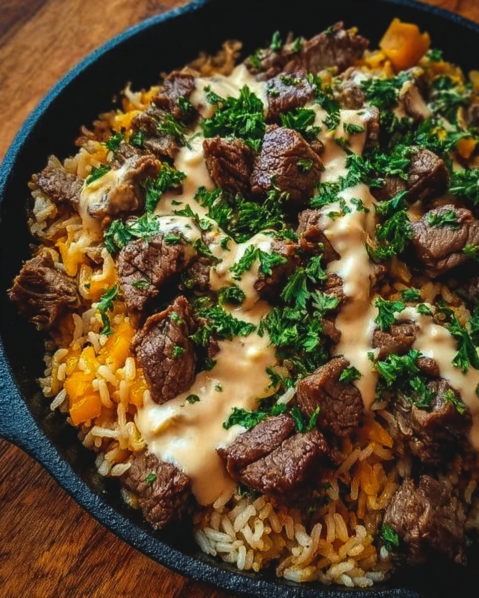 Cheesy steak and rice skillet topped with melted cheese in a pan