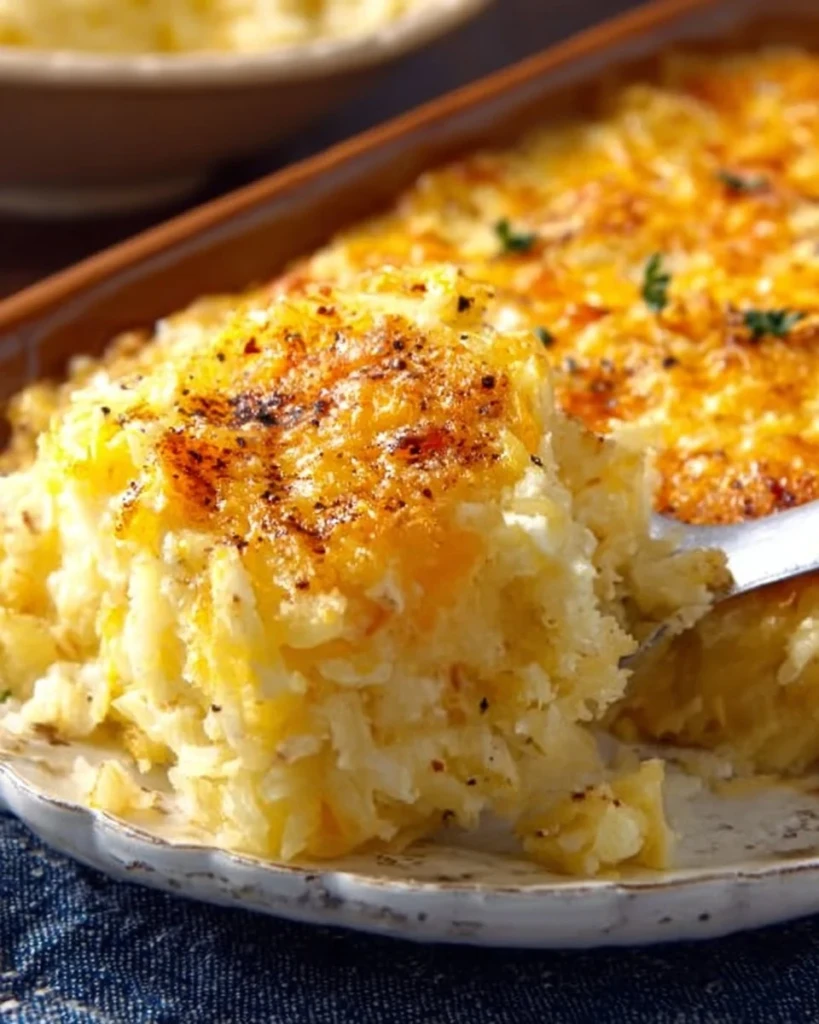 Delicious Copycat Cracker Barrel Hashbrown Casserole topped with cheese and crispy edges