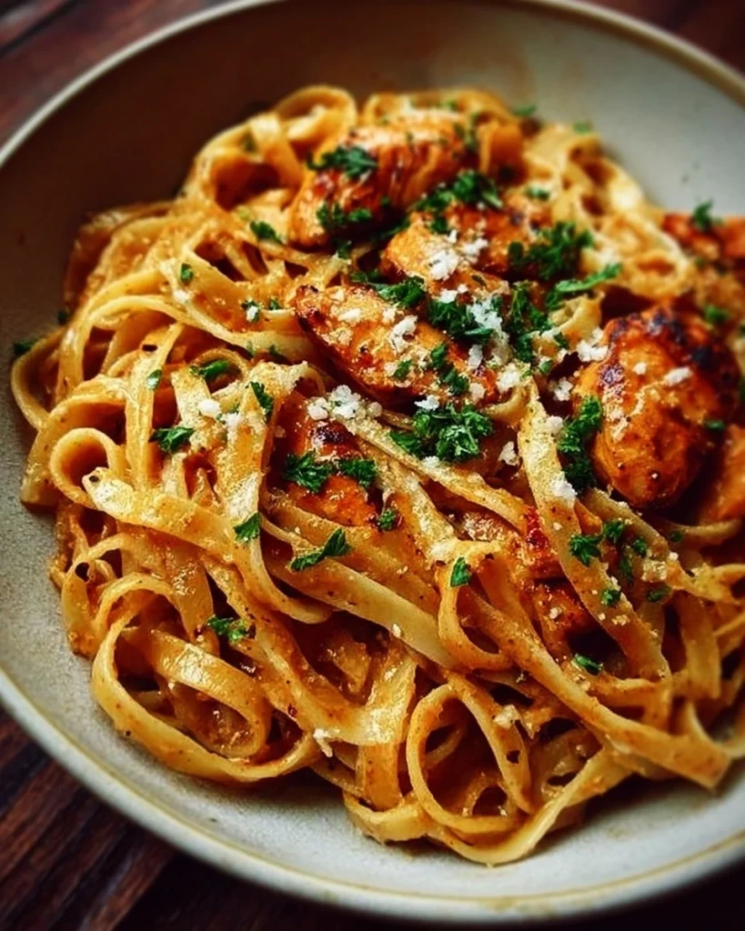 Creamy cowboy butter chicken linguine garnished with herbs and spices.