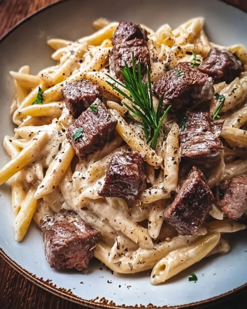 Creamy steak pasta dish served with fresh herbs and cheese