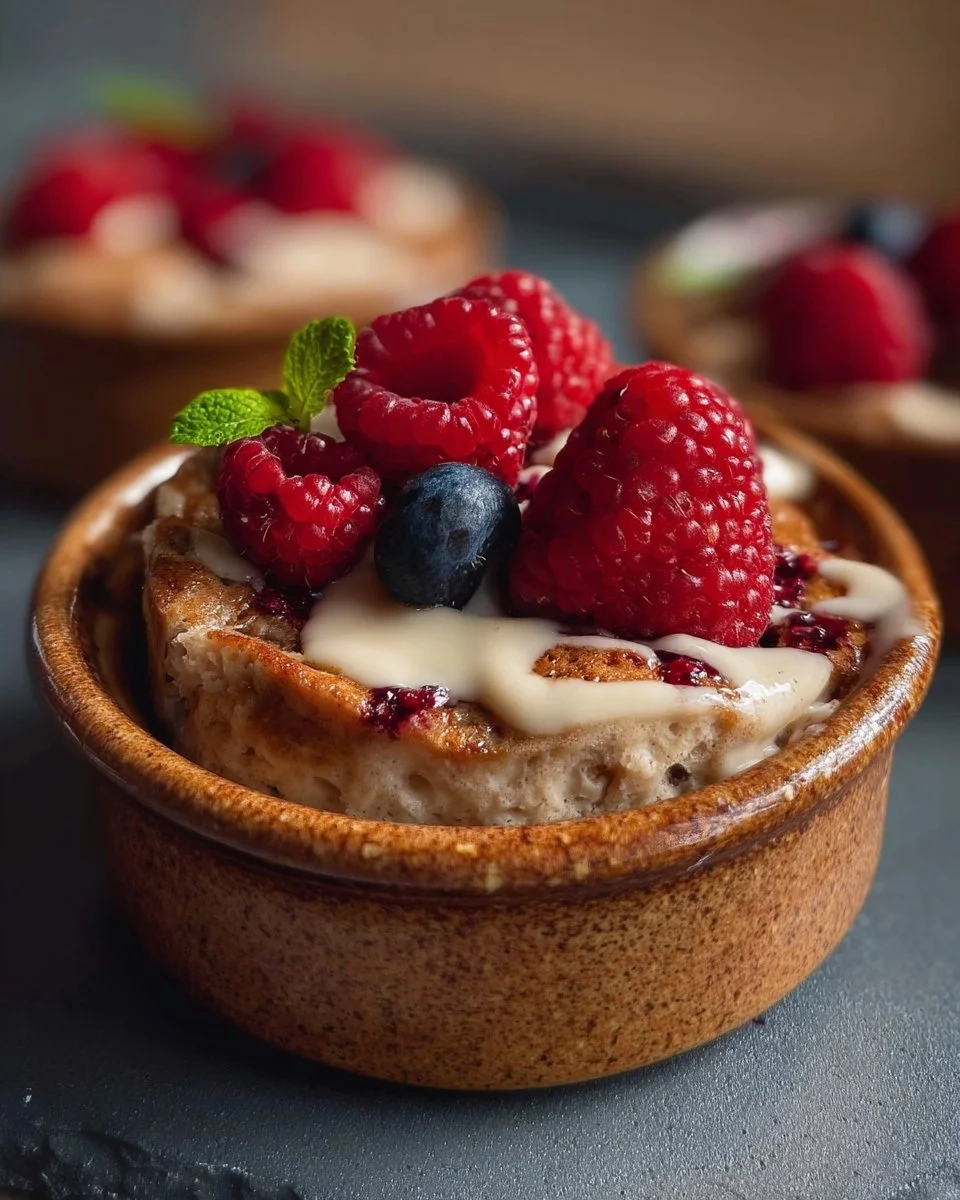 Baked protein pancake bowls topped with fresh fruit and nuts