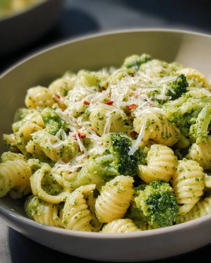 Healthy broccoli pasta dish garnished with herbs and cheese