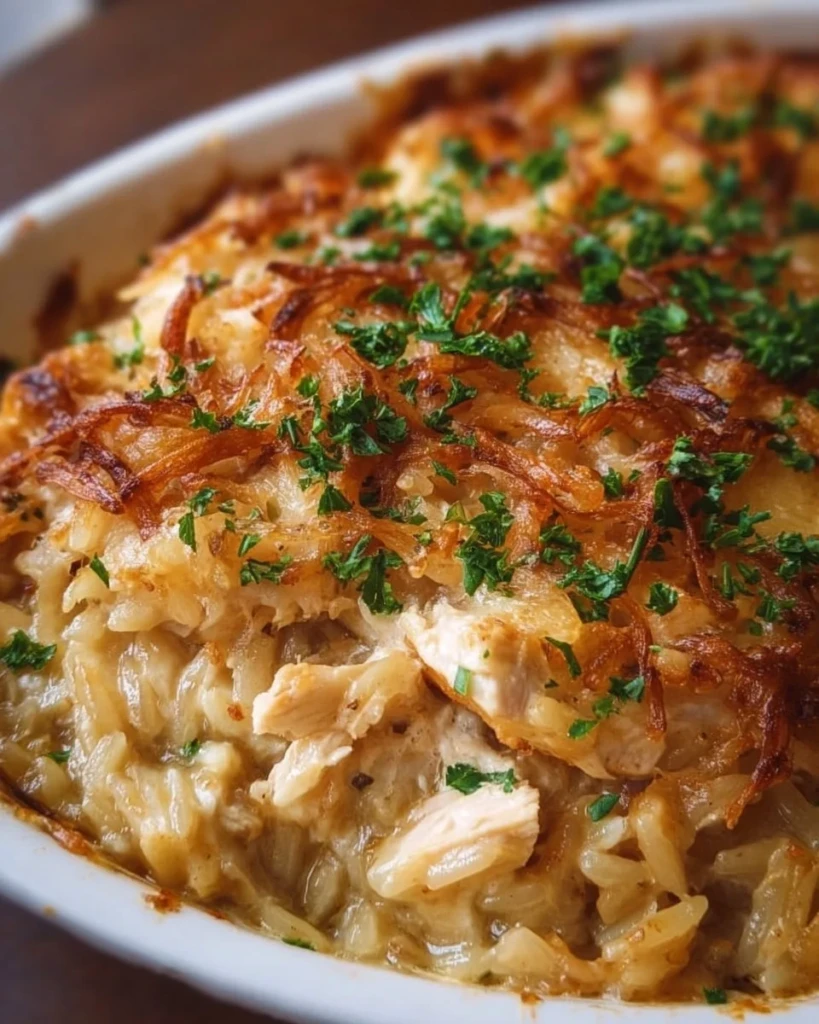 Delicious French Onion Chicken Orzo Casserole topped with melted cheese.