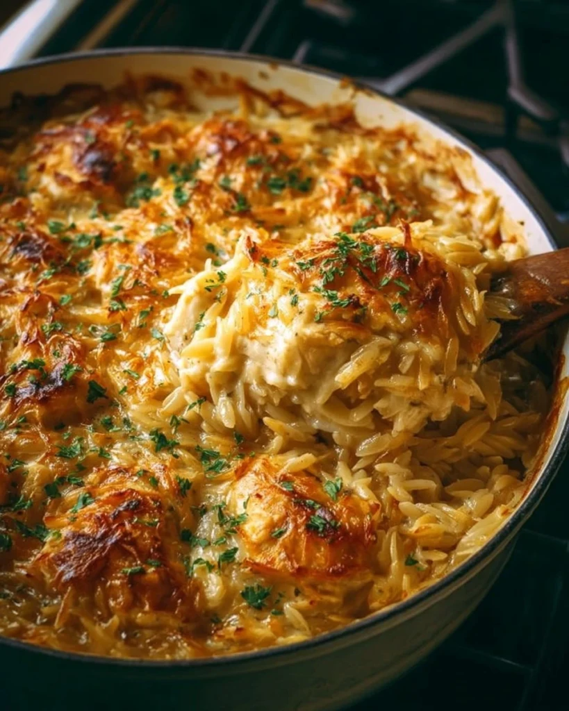 Delicious French Onion Chicken Orzo Casserole with creamy sauce and baked toppings