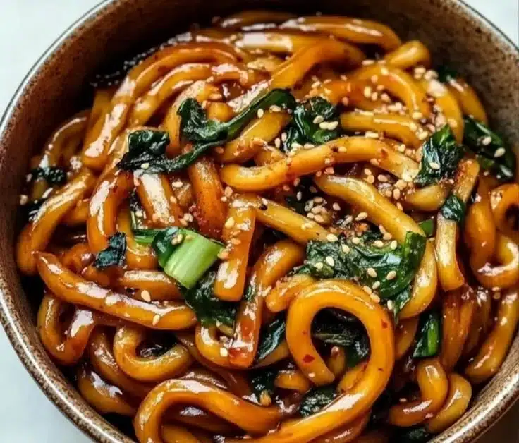 Delicious plate of Fried Udon stir-fried with vegetables and sauce