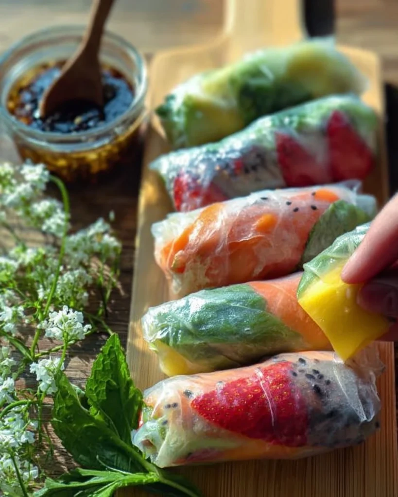 Colorful fruit spring rolls filled with fresh fruits and served with a dipping sauce