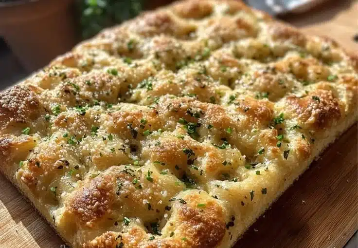Freshly baked Garlic Parmesan Focaccia bread with herbs and olive oil
