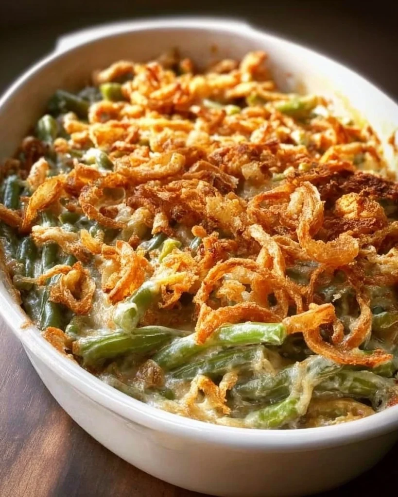 Delicious green bean casserole topped with crispy onions and baked to perfection.