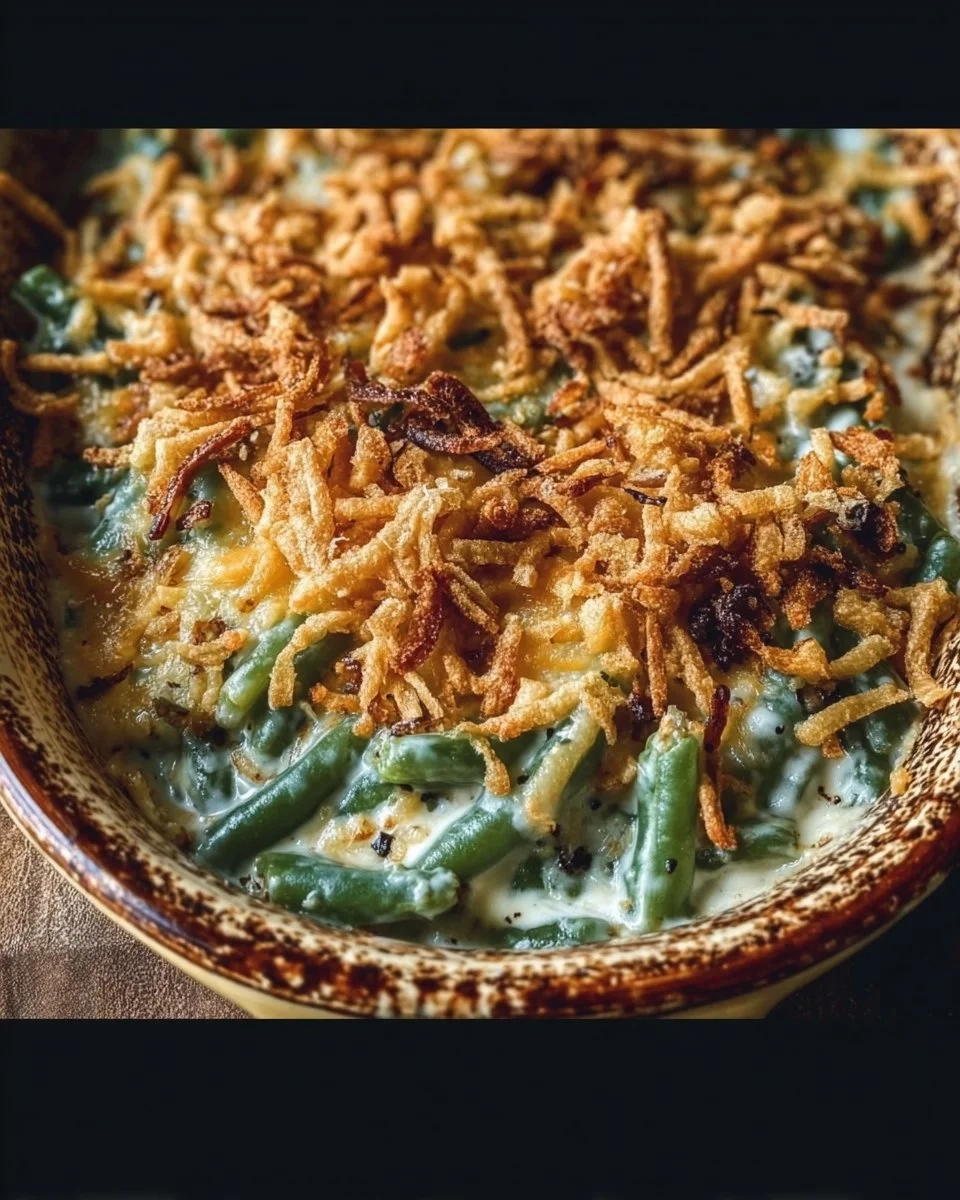 Delicious green bean casserole topped with crispy onions and creamy sauce.