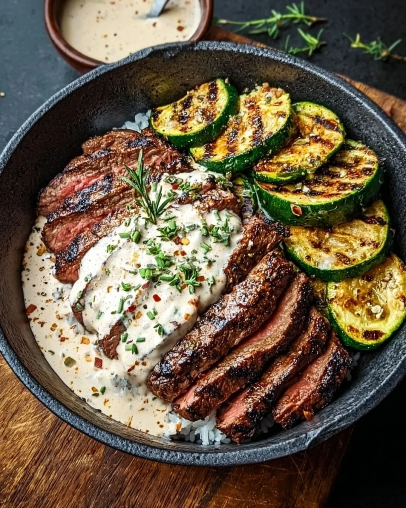 Grilled steak bowl with creamy sauce and zucchini on a plate