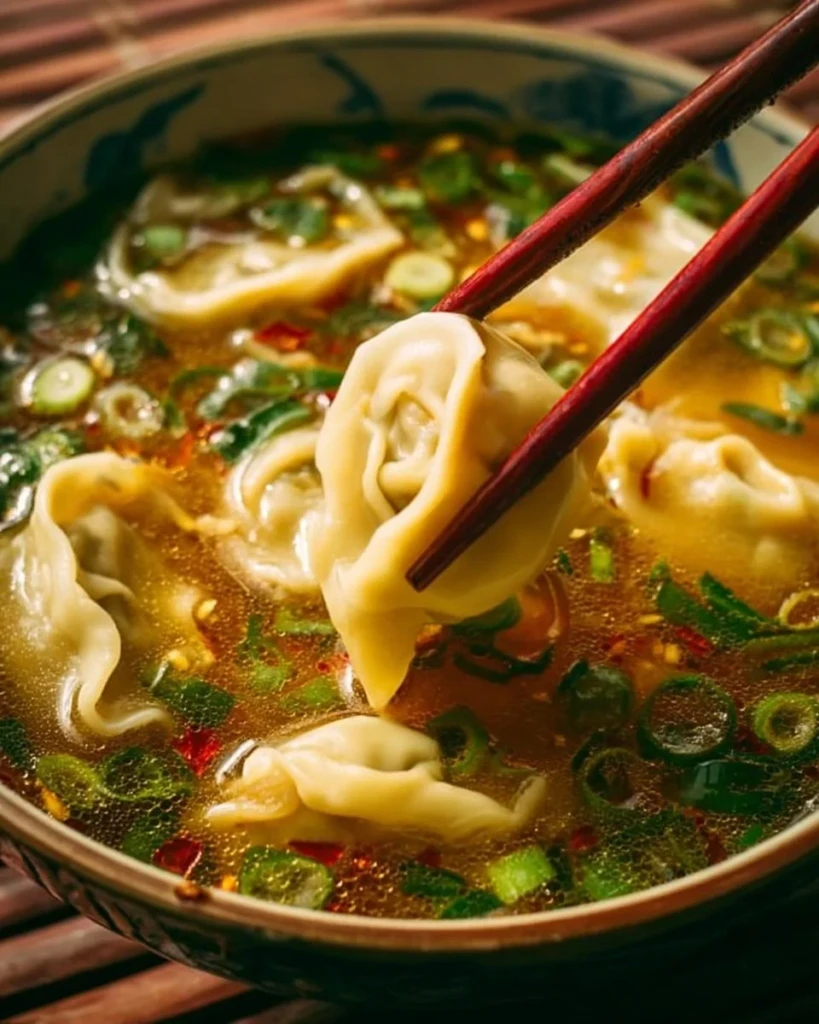 Bowl of flavorful Gyoza Soup with dumplings and fresh vegetables