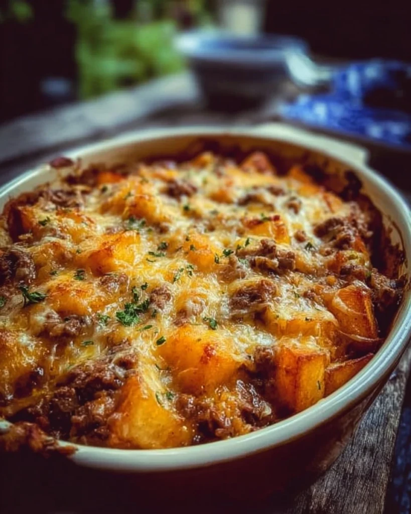 Delicious Hobo Casserole with meat and vegetables in a baking dish